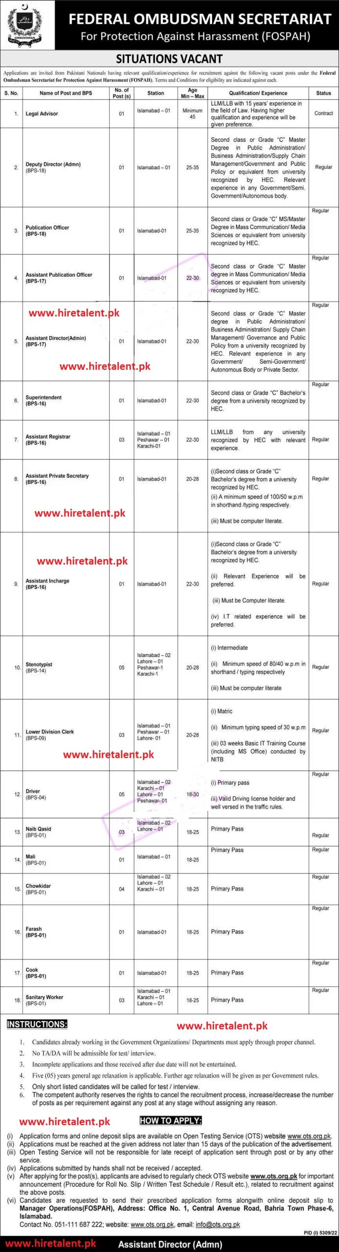 Advertisement image of Federal Ombudsman Secretariat Jobs 2023.