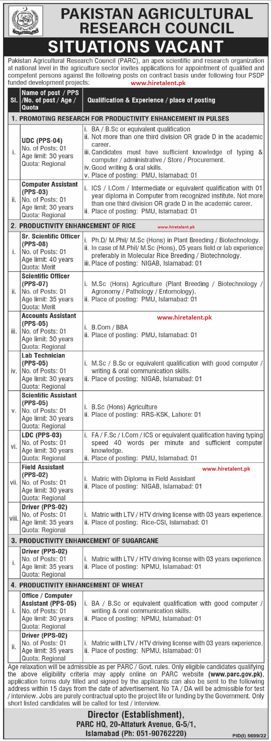 Advertisement image for Govt Jobs in PARC 2023 - Pakistan Agricultural Research Council Jobs 2023